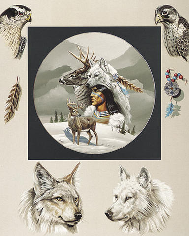 Portrait d'indien avec ses loups-aigles et cerf